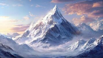 Snow Covered Mountain Peak Under Cloudy Blue Sky in a Winter Landscape with Icy Ridges and Rocky Terrain photo