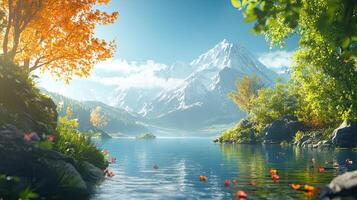 Scenic Mountain Lake Landscape with Autumn Foliage Snow Capped Peaks and Azure Sky Reflecting in Calm Waters Under Bright Sunlight in a Serene Natural Environment View With Leaves in Water and photo