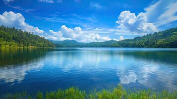 Serene Blue Lake Surrounded By Green Forest Under Cloudy Sky Creates a Tranquil Landscape photo
