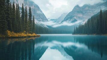 Tranquil Turquoise Lake Reflecting Mountainous Landscape Surrounded by Evergreen Forest and Golden Foliage under Cloudy Sky photo