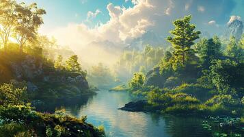 Sunlight Illuminating Green Forest Over River with Mist in a Tranquil Landscape Under a Blue Sky with Clouds photo