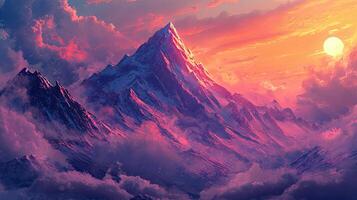 Pixelated Mountain Landscape Featuring Snowy Peaks Under Colorful Sky with Clouds During Sunset photo