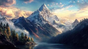 Snowy Mountain Peaks Reflecting Soft Skies in a Verdant Valley with Lush Trees and Calm Waters in Natural Light photo