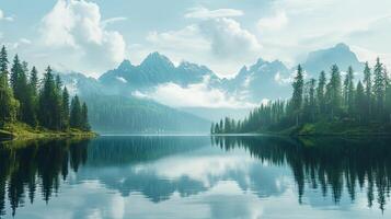 Tranquil Mountain Lake Scene With Reflections of Forest Trees Under Cloudy Sky in Daylight photo