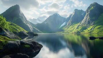 Pixelated Mountain Landscape Reflected in Calm Lake Waters Under Cloudy Blue Sky with Rocky Terrain photo