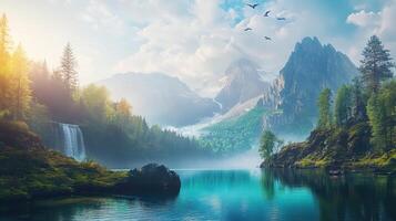 Voxelated Mountain Landscape with Lake and Forest in Sunny Weather and Misty Background photo