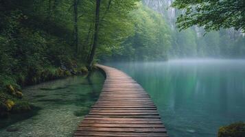 Wooden Boardwalk Through Misty Forest Lake Green Foliage Under Sunlight photo