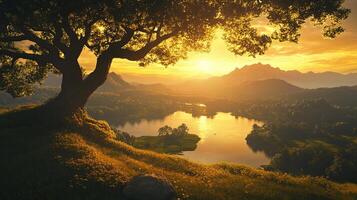 Tree Silhouetted Against a Golden Sunset Over a Mountain Lake and Hillsides Creating an Idyllic and Scenic Vista photo