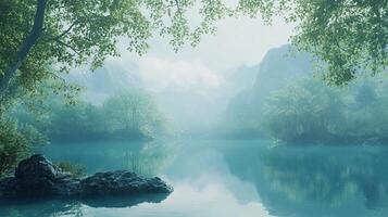 Serene Lake Surrounded by Lush Green Trees and Mist Covered Mountains in Soft Light photo