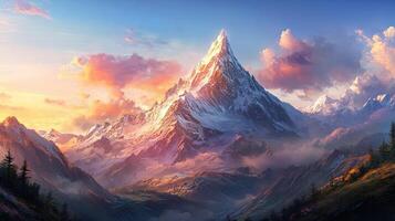 Pixelated Mountain Peak at Sunrise with Snowy Slopes and Clouds with Hues of Orange and Purple with Green Forest in the Valley photo