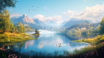 Scenic Lake Surrounded by Mountains and Lush Greenery Under a Partly Cloudy Sky on a Sunny Day Offering a Peaceful and Tranquil Nature Scenery photo