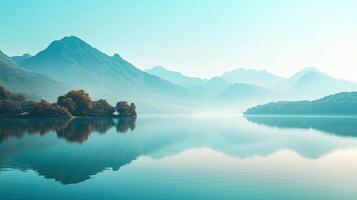 Scenic Lake Landscape with Mountain Range Reflection on Calm Water in Soft Turquoise and Blue Hues and Hazy Atmospheric Conditions photo