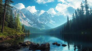 Scenic Lake Reflection of Snowy Mountain Peaks and Green Forest in Clear Blue Sky photo