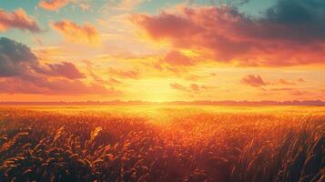 Vibrant Golden Sunset Over Field Landscape with Dramatic Cloudscape in the Horizon Nature Scenery photo