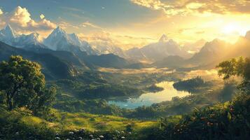 Scenic Valley View with Mountains and Golden Sunlight Shines Through Clouds Landscape Featuring Lush Greenery and Distant Peaks photo