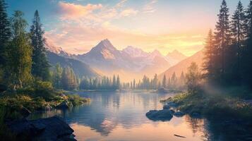 Serene Pixel Art Landscape of Mountain Lake with Forest Reflection at Sunset photo