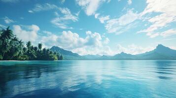 Serene Tropical Island With Turquoise Water and Lush Greenery Under a Partially Cloudy Sky photo