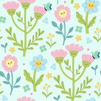 Seamless pattern with cute flowers with faces. graphics vector
