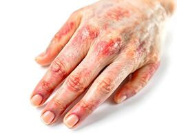 Close up of a hand with severe skin inflammation and redness, possibly indicating a dermatological condition like eczema or psoriasis. photo