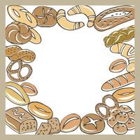 Frame of different bakery products, bread, croissants, pie. Bakery menu. vector