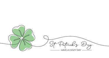 Happy St. Patricks Day greeting card with shamrock. Continuous one line drawing of clover. Holiday Illustration vector
