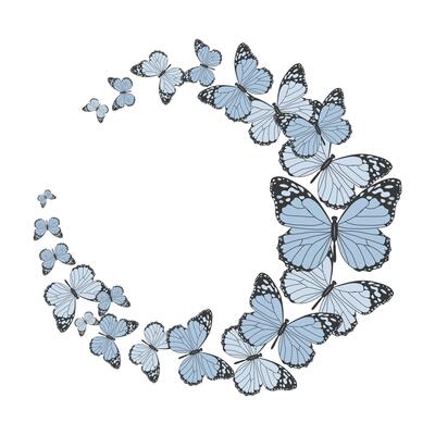 Round frame of delicate blue flying butterflies, poster. Wall art, illustration in flat style