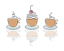 Contour cups of coffee and dessert on a white background. Black line with added colo vector