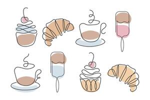 Line art, set of cupcakes, croissants, coffee cups and ice cream. Black line with added color vector
