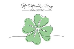 Happy St. Patricks Day greeting card with shamrock. Continuous one line drawing of clover leaf. Holiday Illustration vector