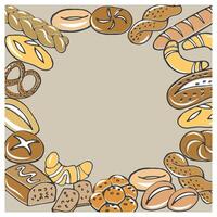 Frame of different bakery products, bread, croissants, pie. Bakery menu. Flat hand drawn illustration vector