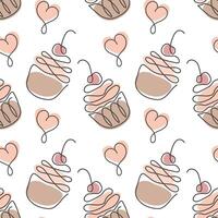Seamless pattern, contour cupcakes and hearts on a white background. Black line with added color vector