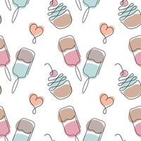 Seamless pattern, contour ice creams and cupcakes on a white background. Black line with added color vector