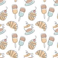 Seamless pattern, cupcakes, croissants, coffee cups and ice cream. Black line with added color vector