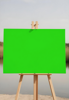 greenscreen canvas mockup in Wooden easel, mockup canvas, painting canvas mockup with river background psd