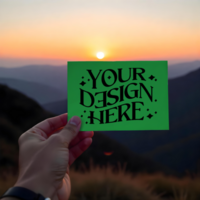 mockup of card being held in hand with sunset background in mountain psd
