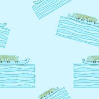 Editable Outline Style Side View Indian Keralan Houseboat Vectorized Illustration on Wavy Lake Seamless Pattern for Creating Background of Recreation or Transportation of Southwestern India vector