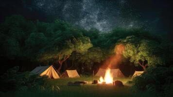 Stunning of a serene night scene in a lush green forest showing a cozy campsite with tents and a crackling fire photo