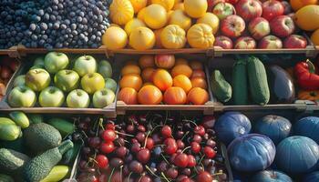 Fresh Fruits And Vegetables Displayed In Wooden Crates photo