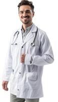 smiling Male Doctor Wearing A White Coat on white background photo