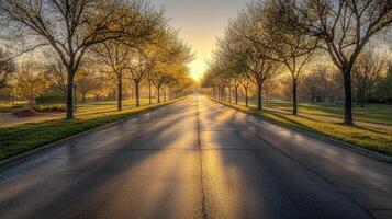 Sunlit Roadway Through Spring Trees At Dawn photo