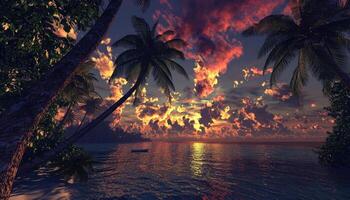Tropical Sunset Paradise Beach Scene With Palm Trees photo