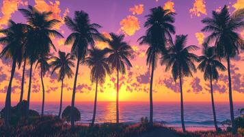 Silhouetted Palm Trees at a Vibrant Sunset Ocean Scene photo