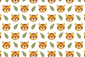 A pattern with tiger faces and leaves on white background vector