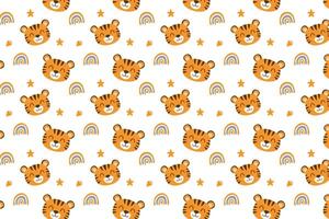 A pattern with a tiger face and stars on white background vector
