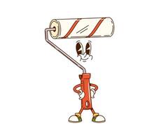 Groovy paint roller cartoon character, DIY tool vector