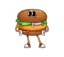 Groovy fast food burger character with funny face vector