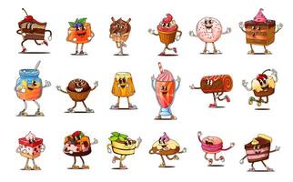 Funny groovy cakes and desserts characters set vector