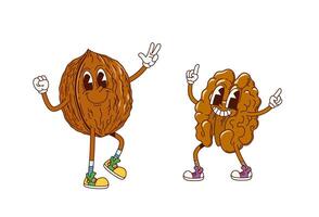 Cartoon retro groovy walnut nut characters vector