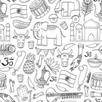 India seamless pattern with monochrome doodles, cartoon elements for coloring pages, books, stationery, wallpaper, backgrounds, packaging, wrapping paper, textile prints, etc. EPS 10 vector