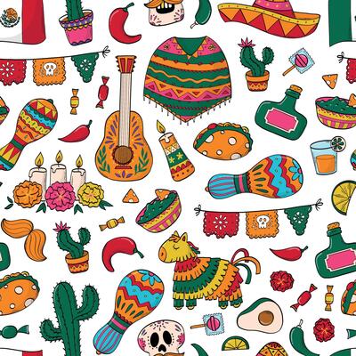 Mexican doodles seamless pattern for cinco de mayo, day of the dead textile prints, wallpaper, backgrounds, scrapbooking, stationery, wrapping paper, etc. EPS 10